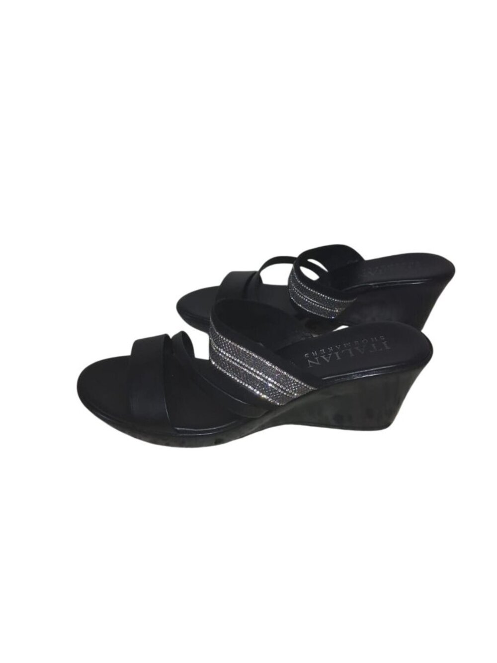 Italian Shoemakers Wedge Sandals Black Rhinestone Straps Size 9 Made Italy
